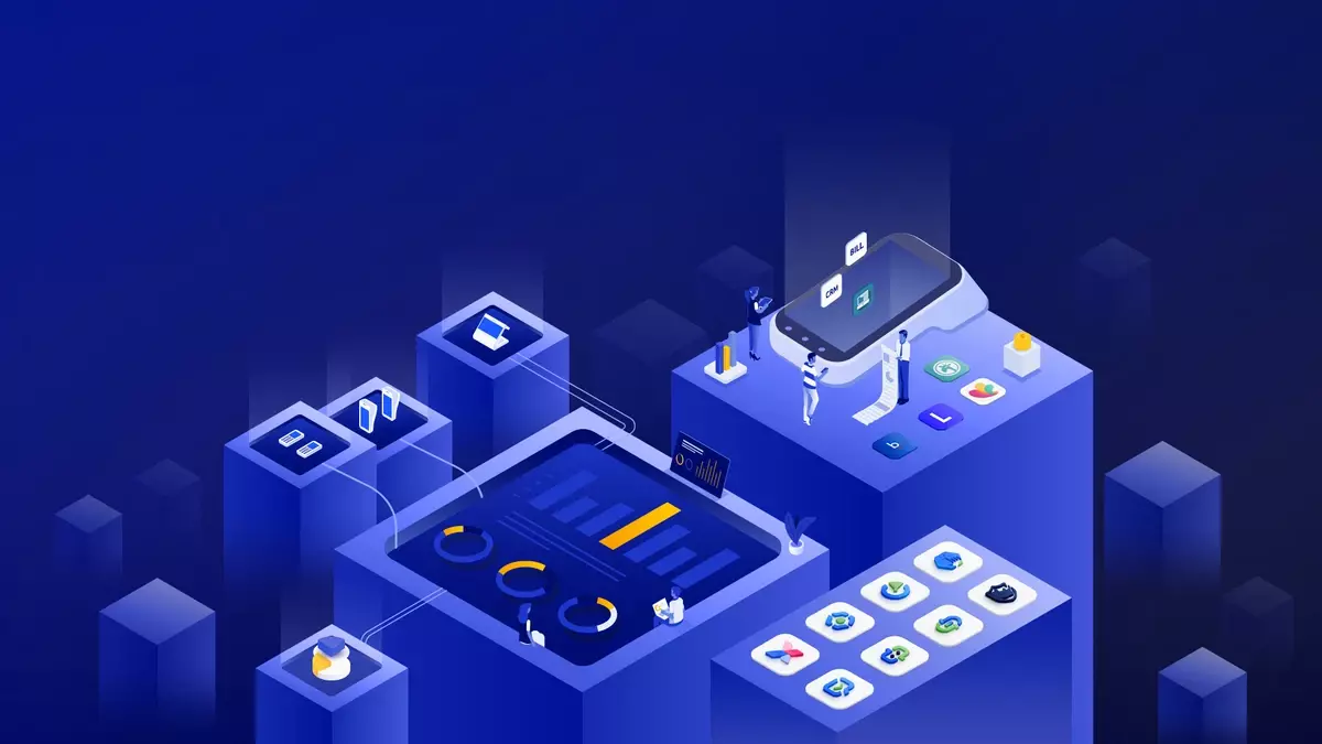 an illustrated network of digital devices on a blue background