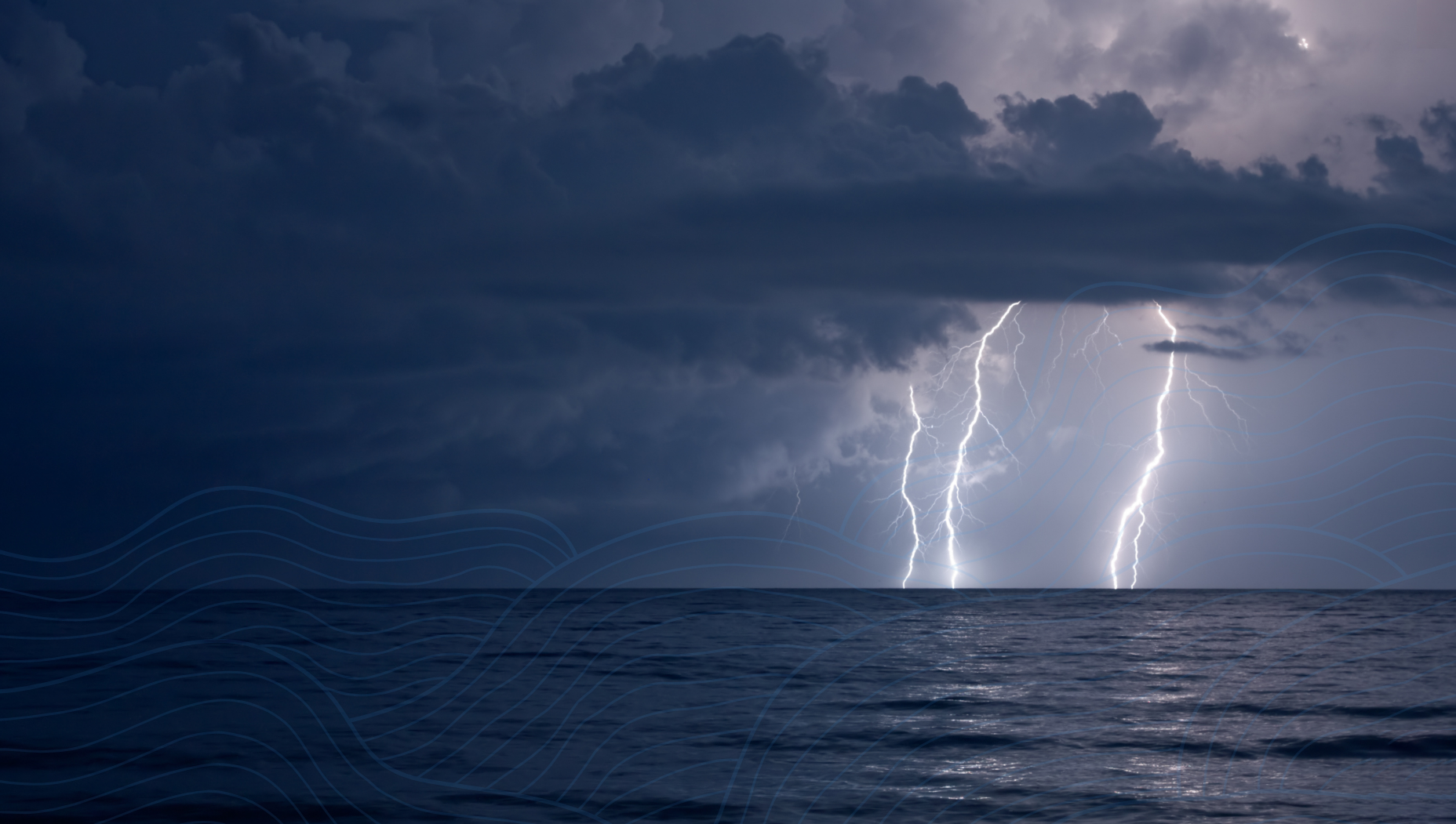 a dark sea scape with dark storm clouds and lightning