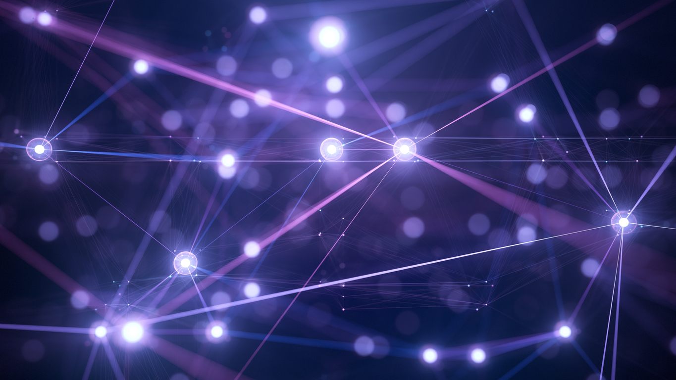 bright lines and dots indicating a network on a dark background