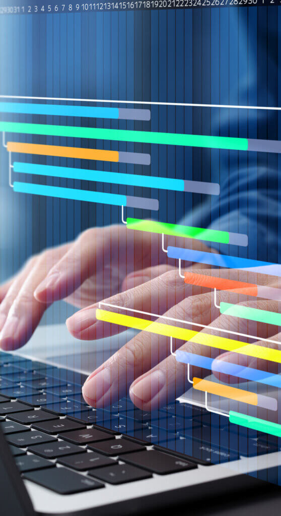 visual timeline above hands typing on keyboard