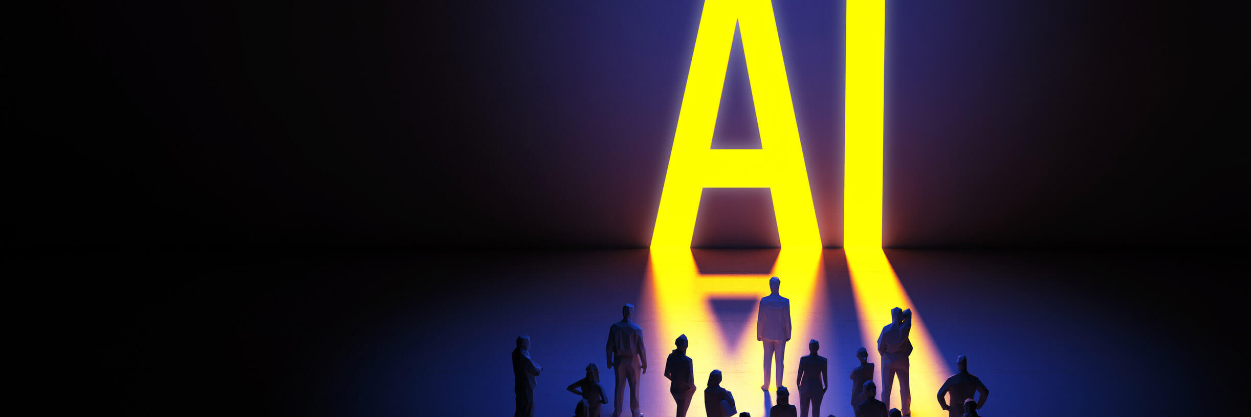people standing in front of a giant ominous ai logo