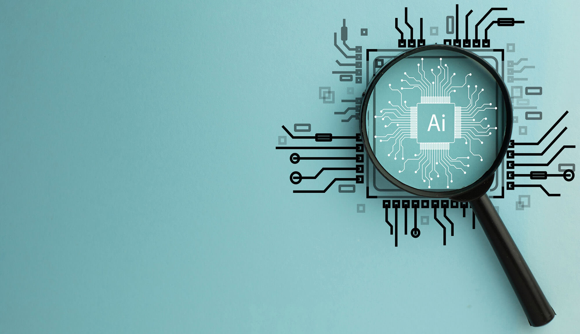 Magnifying Glass Focused on Circuit Board with AI Word, Representing Artificial Intelligence and Technology Innovation.